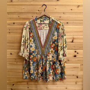 Blank London Anthropologie 2X Stephanie Band Collar Half Sleeve Floral Blouse
